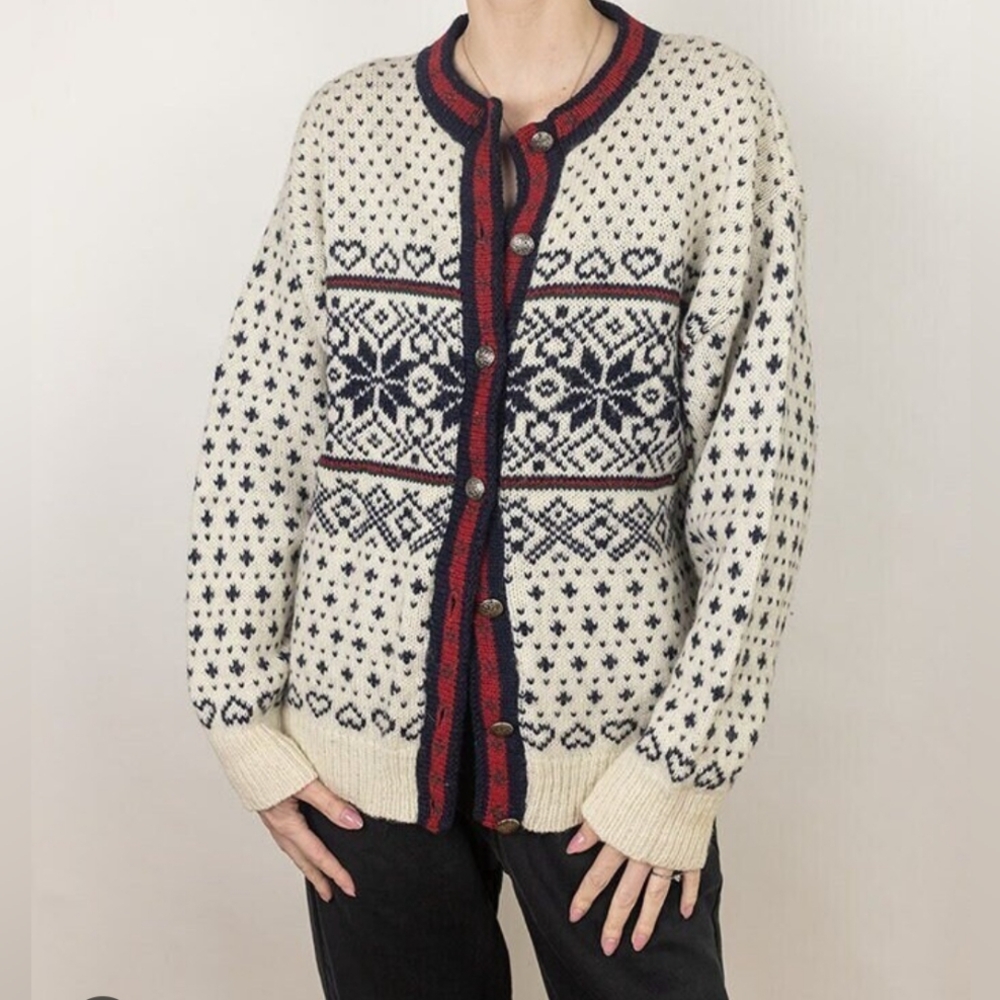 Vintage LL BEAN Nordic Hearts Wool Cardigan Size XL
